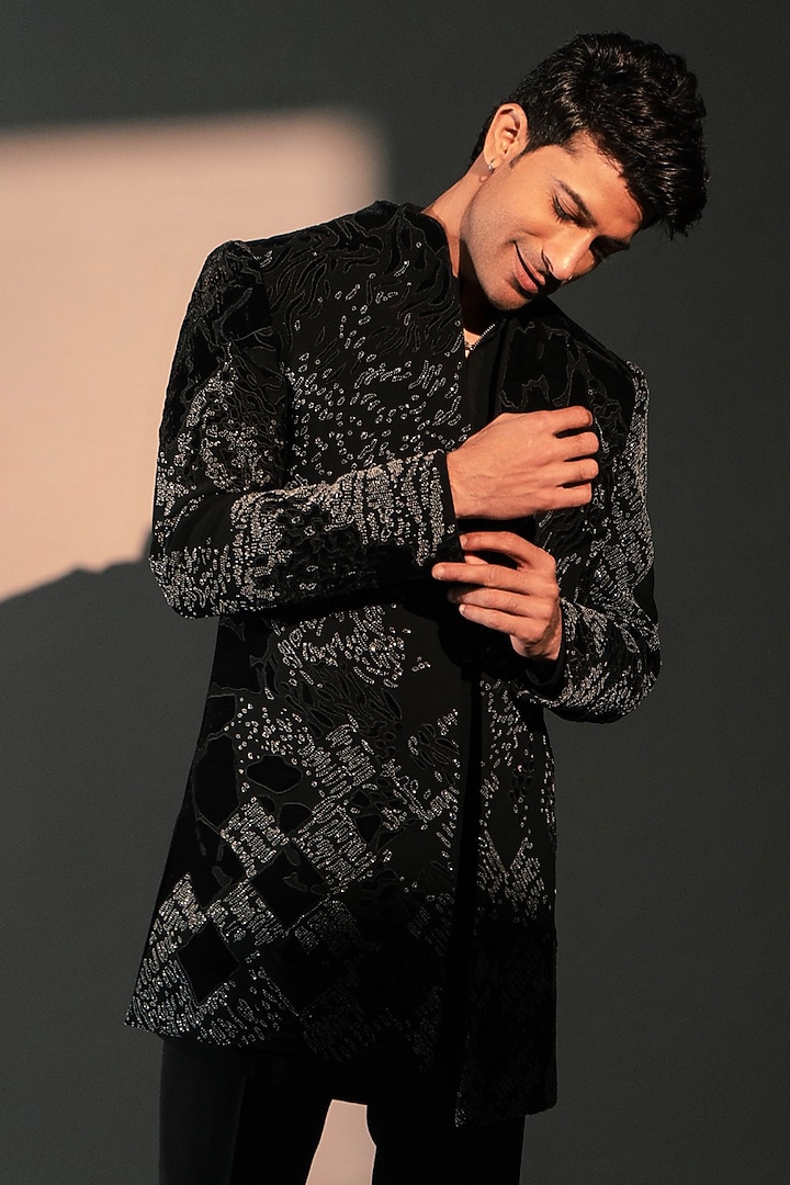 Black Imported Polyester Wedding Indowestern Jacket by Rohit Doshi at Pernia's Pop Up Shop
