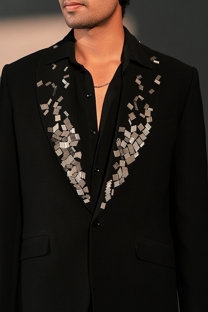 Black Imported Polyester Jacket by Rohit Doshi at Pernia's Pop Up Shop