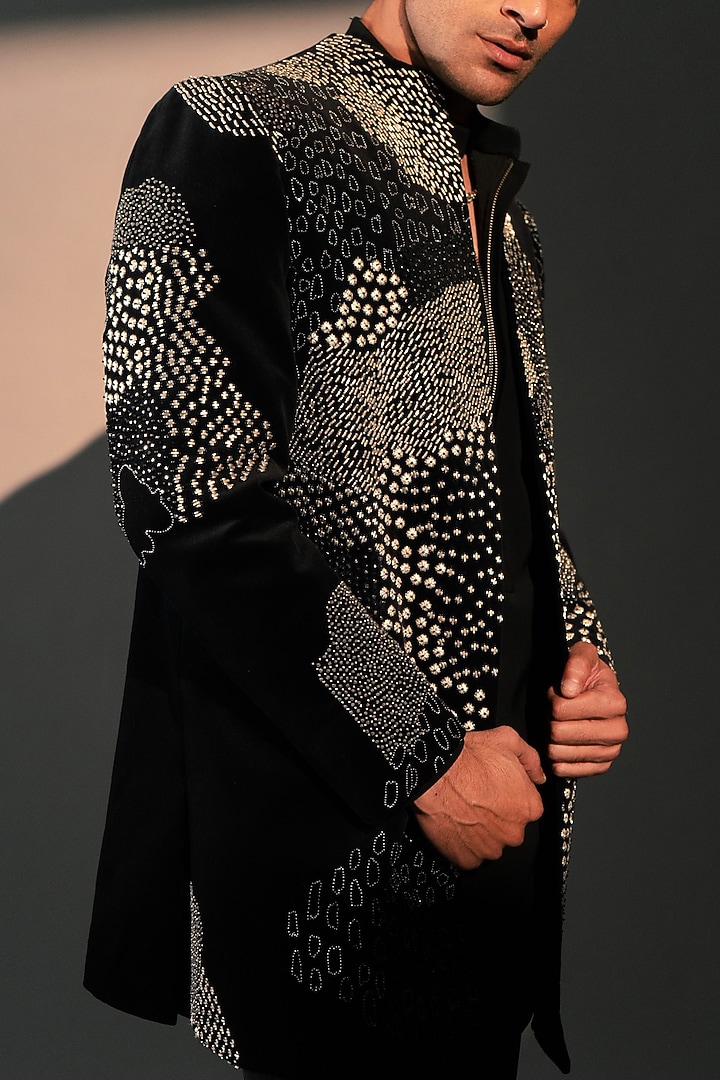 Black Velvet Wedding Indowestern Jacket by Rohit Doshi at Pernia's Pop Up Shop