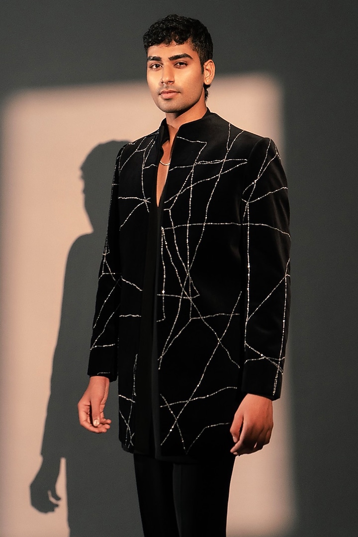 Black Velvet Wedding Indowestern Jacket by Rohit Doshi at Pernia's Pop Up Shop