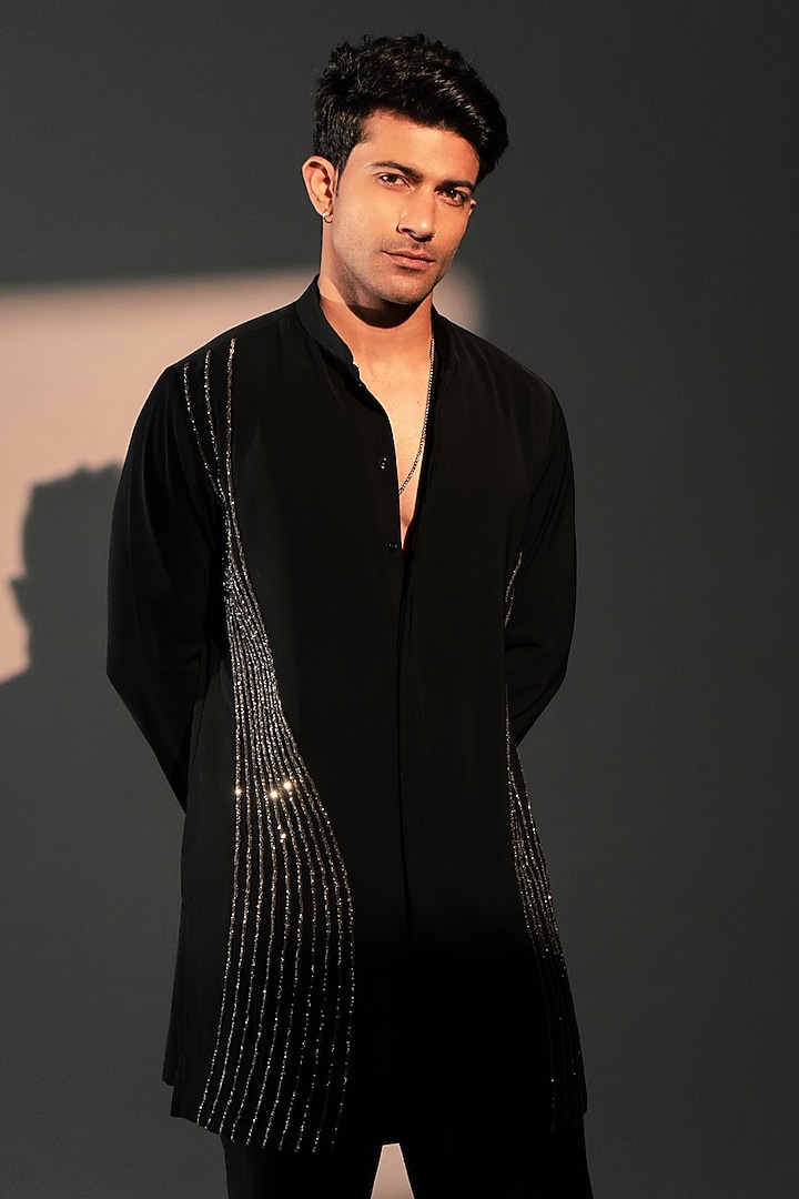 Black Imported Polyester Kurta by Rohit Doshi at Pernia's Pop Up Shop