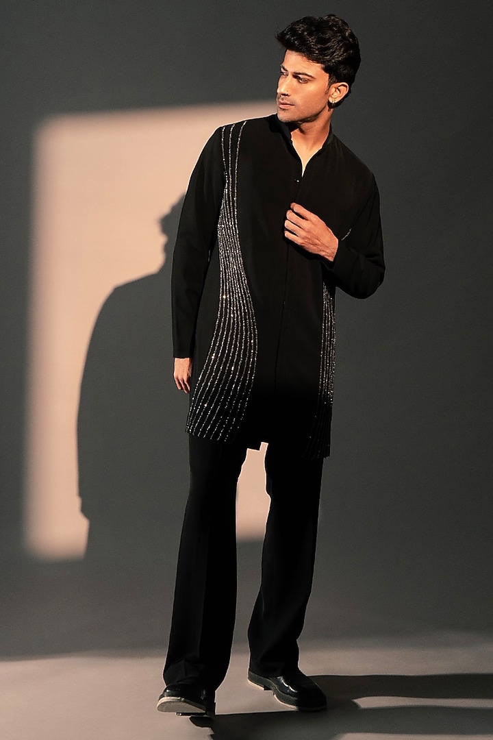 Black Imported Polyester Kurta by Rohit Doshi at Pernia's Pop Up Shop