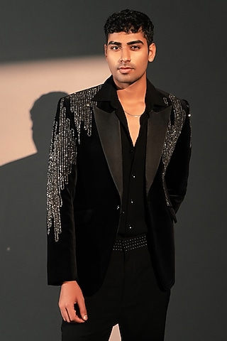 Black Imported Polyester Jacket by Rohit Doshi