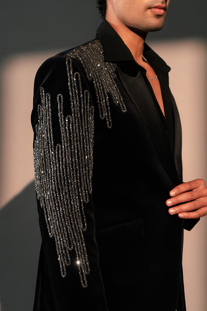 Black Imported Polyester Jacket by Rohit Doshi at Pernia's Pop Up Shop