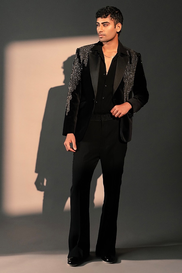 Black Imported Polyester Jacket by Rohit Doshi at Pernia's Pop Up Shop