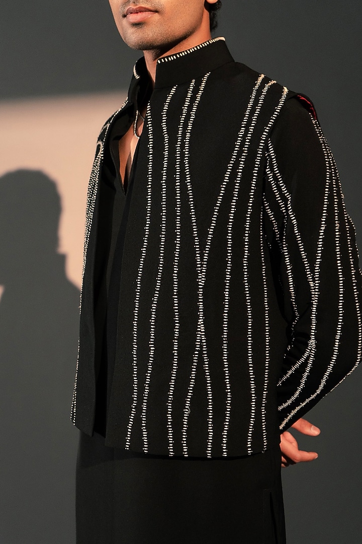 Black Imported Polyester Bundi Jacket by Rohit Doshi at Pernia's Pop Up Shop