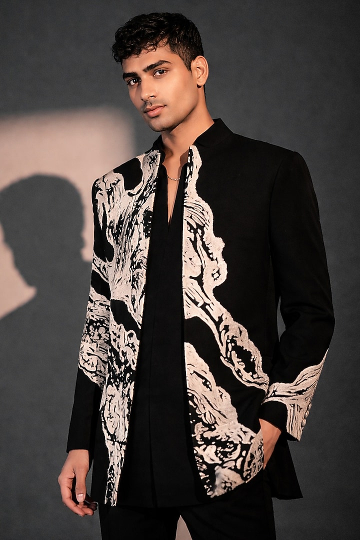 Black Imported Polyester Wedding Indowestern Jacket by Rohit Doshi at Pernia's Pop Up Shop