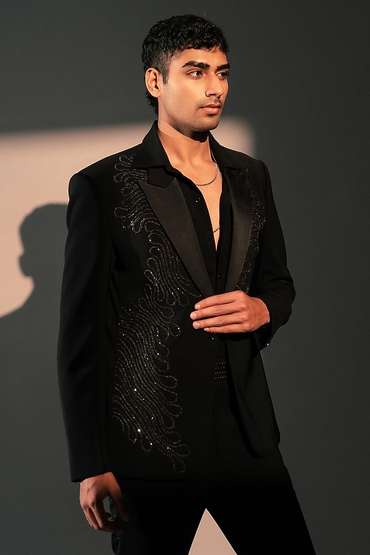 Black Imported Polyester Jacket by Rohit Doshi at Pernia's Pop Up Shop