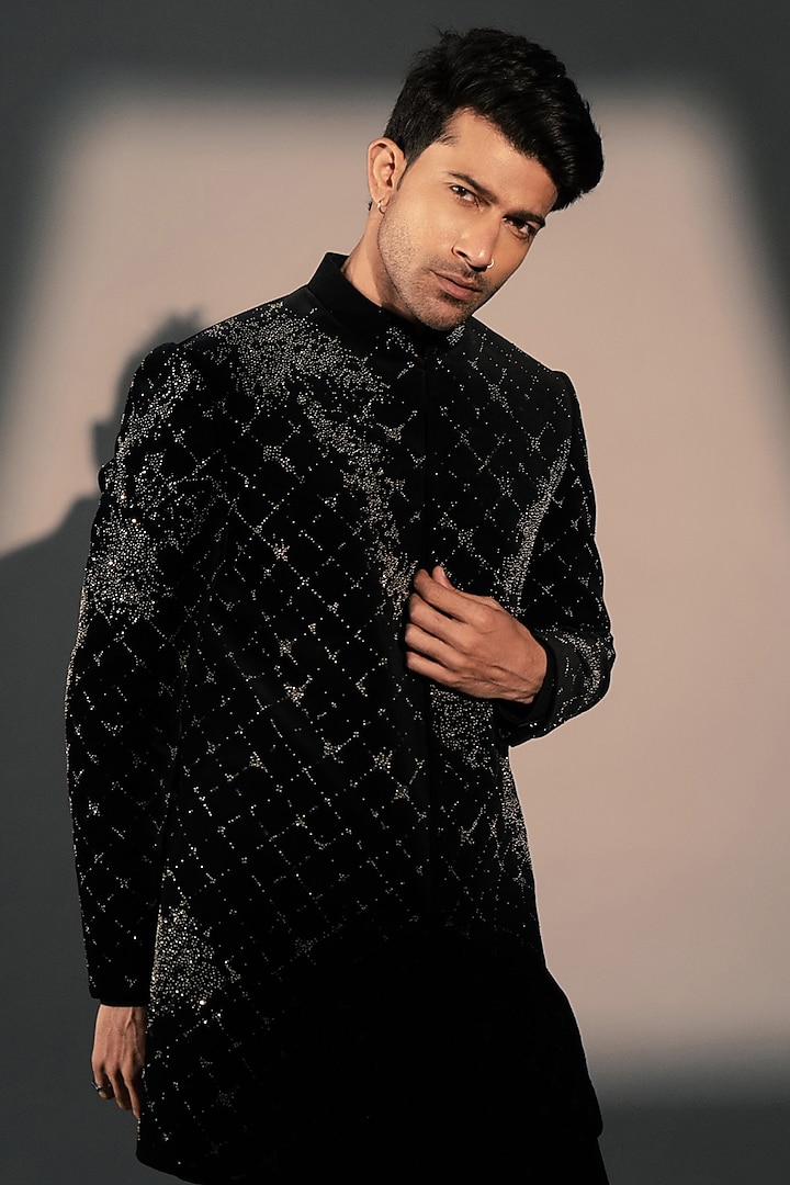 Black Velvet Wedding Indowestern Set by Rohit Doshi at Pernia's Pop Up Shop
