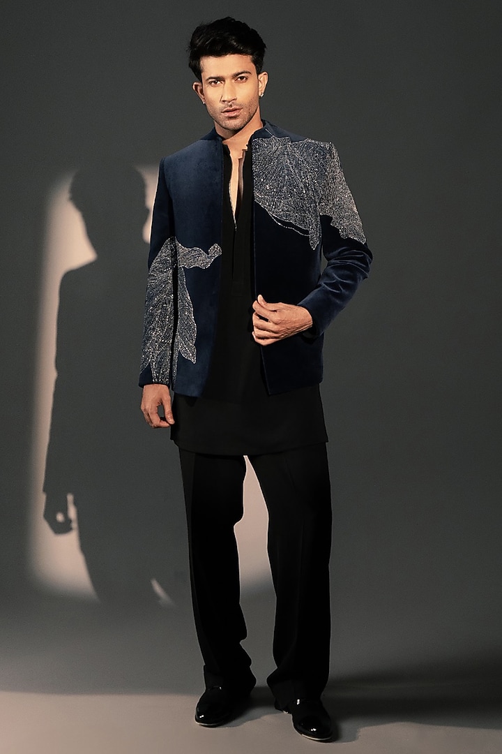 Navy Blue Velvet Wedding Bandhgala Set by Rohit Doshi at Pernia's Pop Up Shop