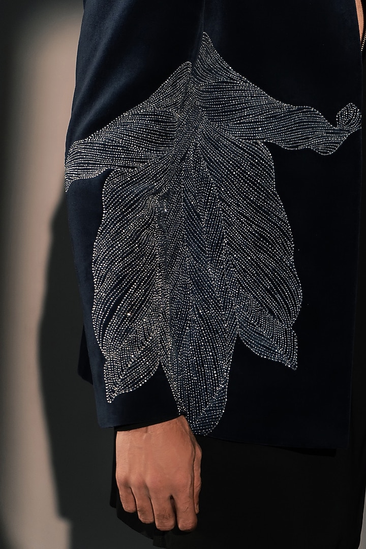 Navy Blue Velvet Wedding Bandhgala Set by Rohit Doshi at Pernia's Pop Up Shop