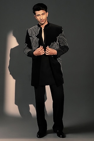 Black Velvet Indowestern Set by Rohit Doshi