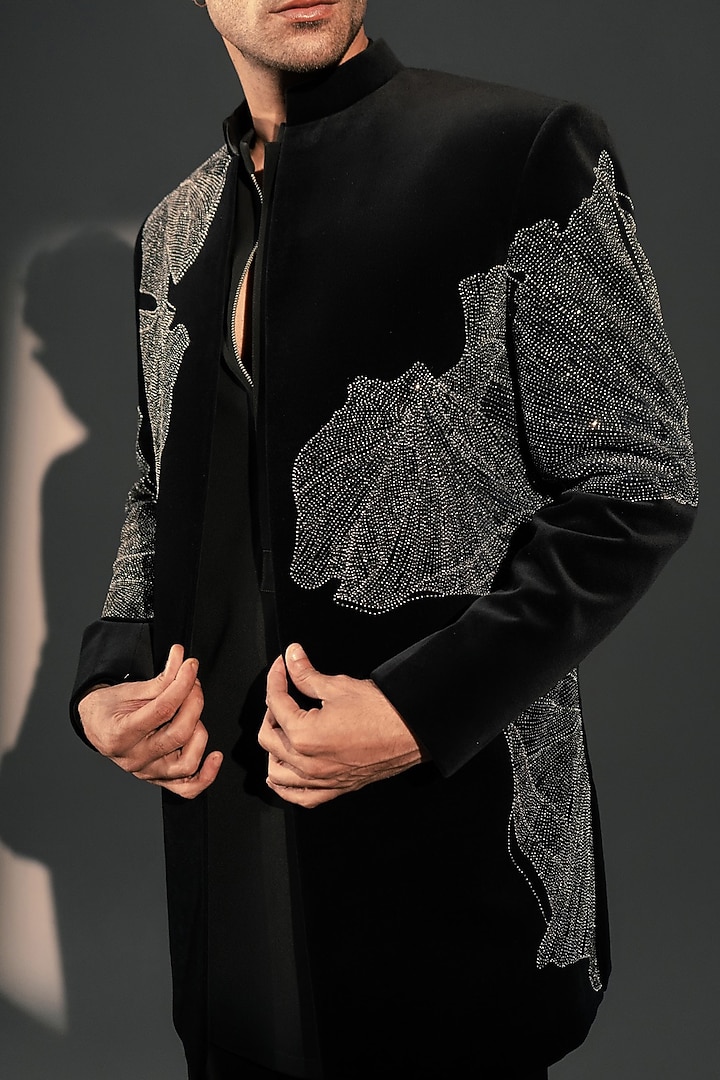Black Velvet Wedding Indowestern Set by Rohit Doshi at Pernia's Pop Up Shop