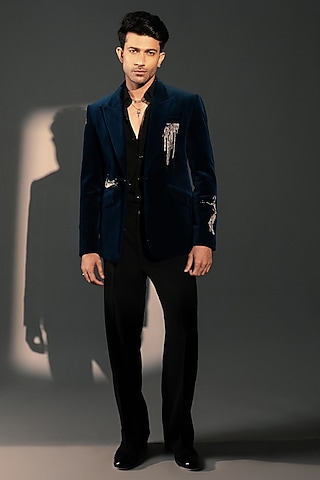 Teal Blue Italian Velvet Suit Set by Rohit Doshi