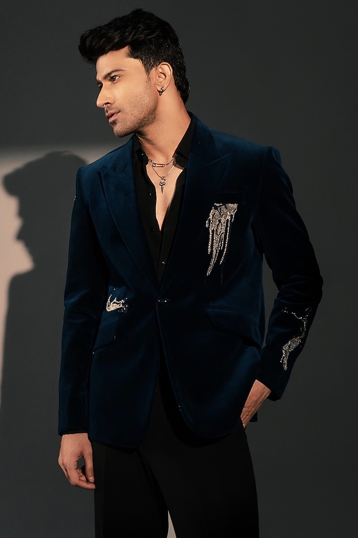 Teal Blue Italian Velvet Suit Set by Rohit Doshi at Pernia's Pop Up Shop