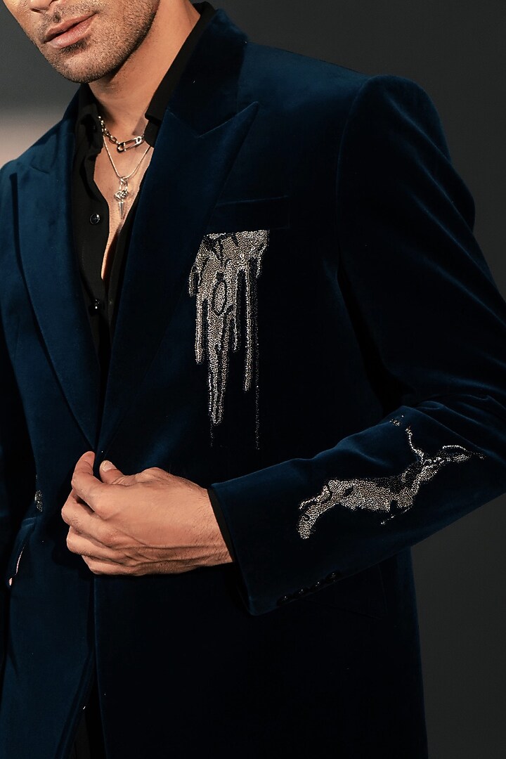Teal Blue Italian Velvet Suit Set by Rohit Doshi at Pernia's Pop Up Shop
