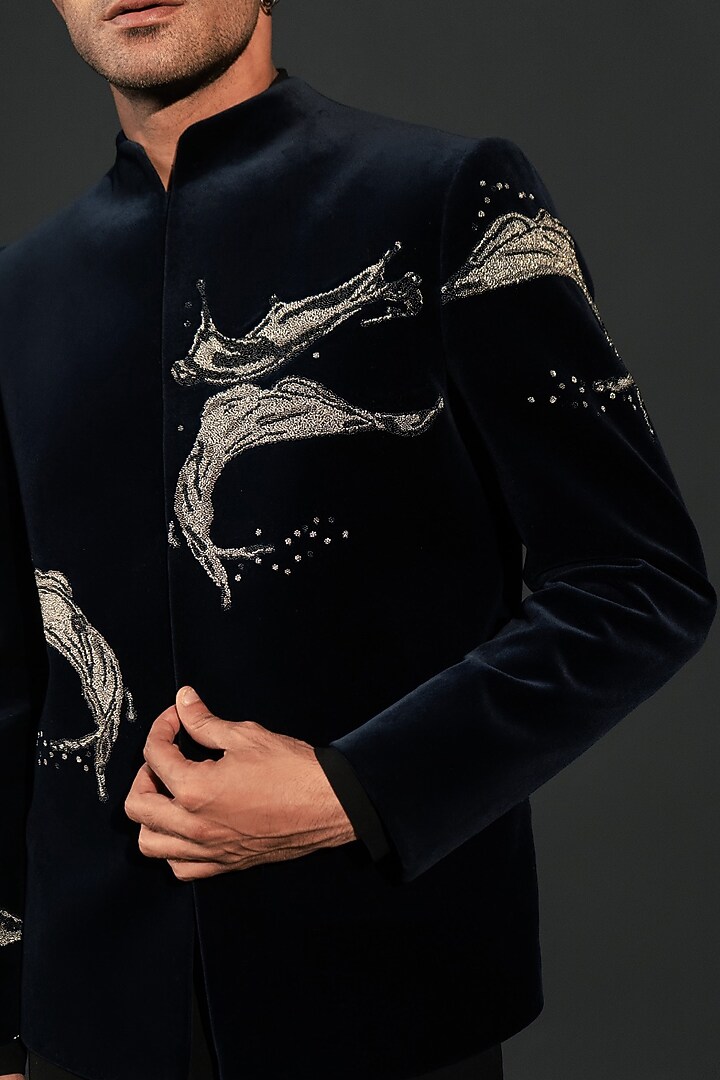 Navy Blue Velvet Wedding Bandhgala Set by Rohit Doshi at Pernia's Pop Up Shop