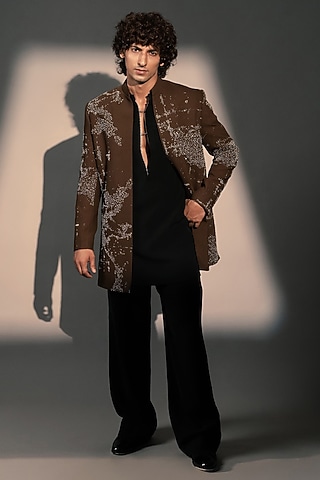 Brown Italian Polyester Indowestern Set by Rohit Doshi