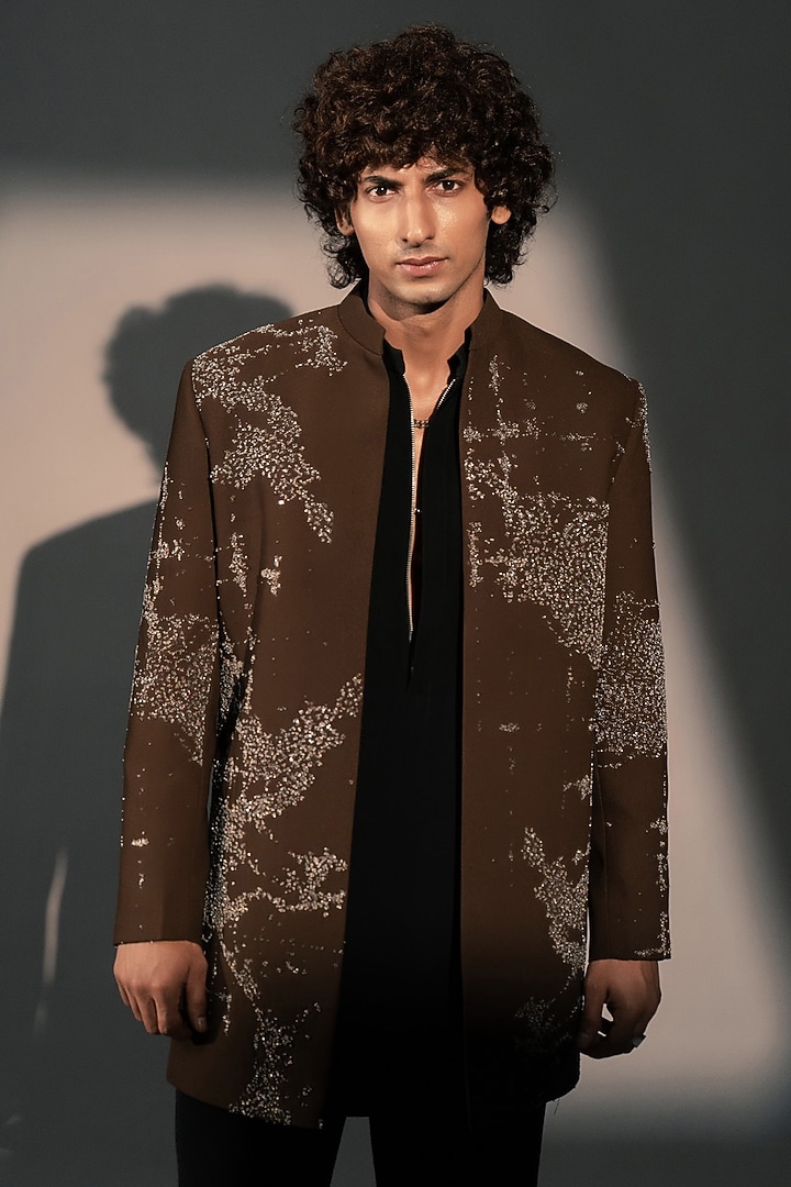 Brown Italian Polyester Wedding Indowestern Set by Rohit Doshi at Pernia's Pop Up Shop