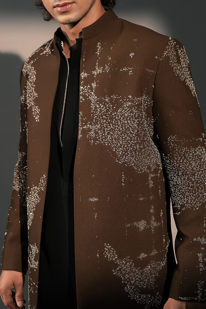 Brown Italian Polyester Wedding Indowestern Set by Rohit Doshi at Pernia's Pop Up Shop