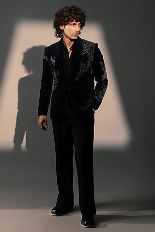 Midnight Blue Velvet Suit Set by Rohit Doshi