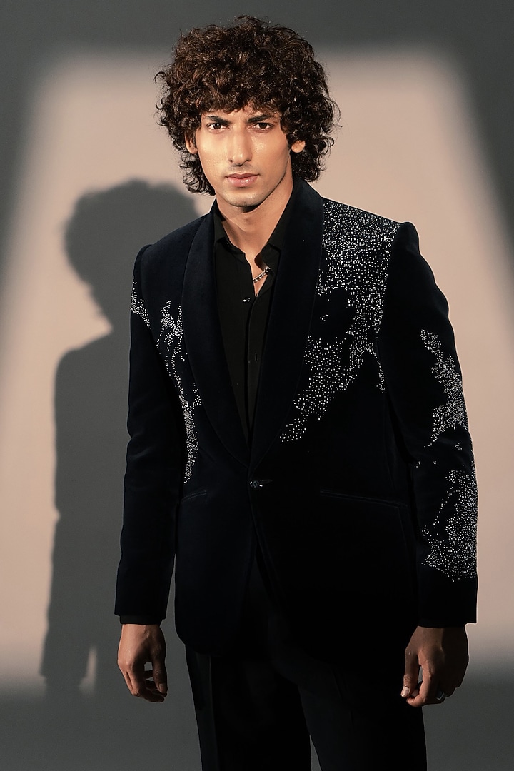 Midnight Blue Velvet Suit Set by Rohit Doshi at Pernia's Pop Up Shop