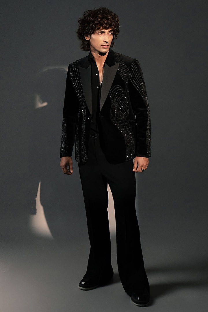 Black Velvet Suit Set by Rohit Doshi at Pernia's Pop Up Shop