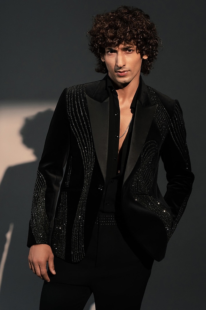Black Velvet Suit Set by Rohit Doshi at Pernia's Pop Up Shop