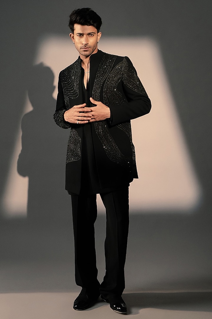 Black Italian Polyester Wedding Indowestern Set by Rohit Doshi at Pernia's Pop Up Shop