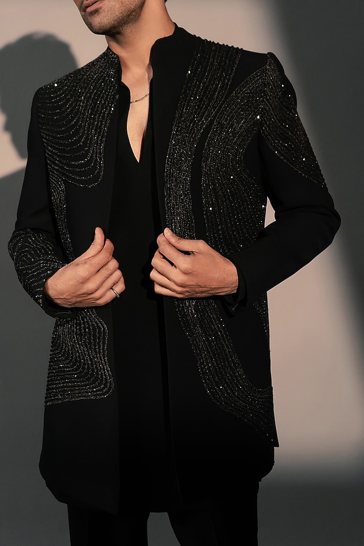 Black Italian Polyester Wedding Indowestern Set by Rohit Doshi at Pernia's Pop Up Shop