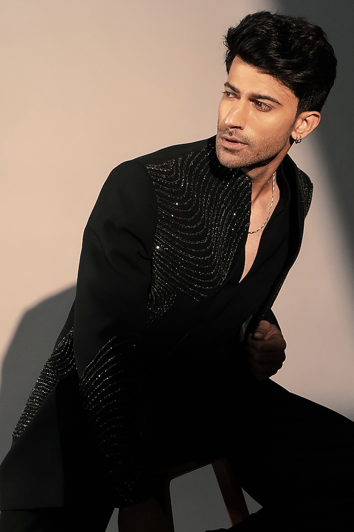Black Italian Polyester Wedding Indowestern Set by Rohit Doshi at Pernia's Pop Up Shop