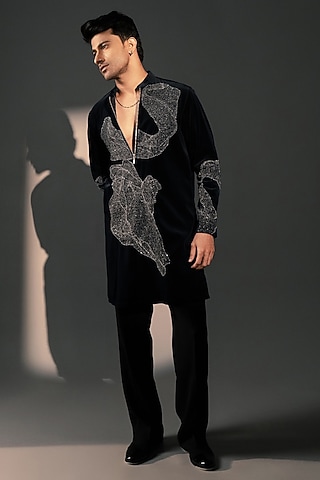 Midnight Blue Velvet Kurta Set by Rohit Doshi