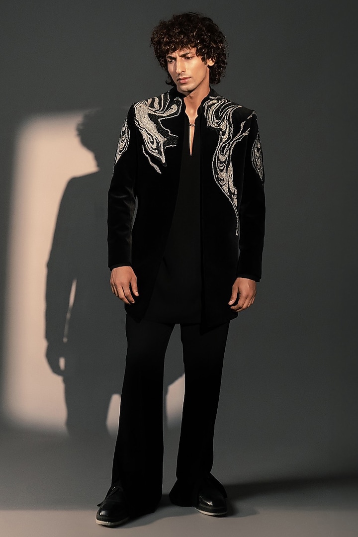 Black Velvet Wedding Indowestern Set by Rohit Doshi at Pernia's Pop Up Shop