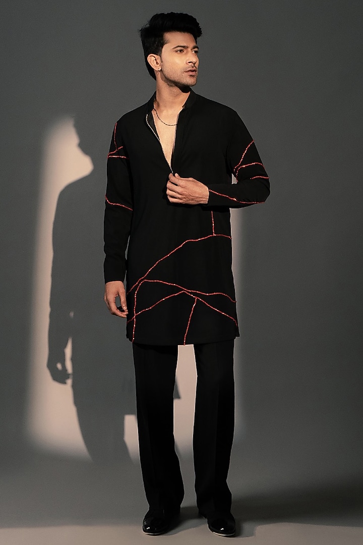 Black Imported Polyester Kurta Set by Rohit Doshi at Pernia's Pop Up Shop