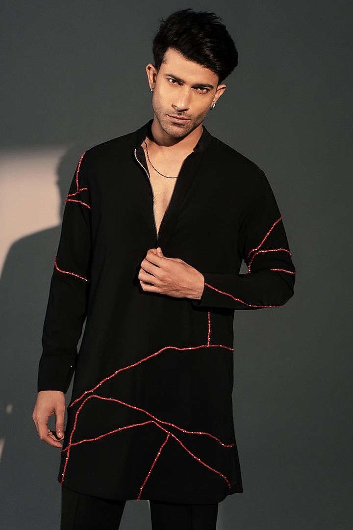 Black Imported Polyester Kurta Set by Rohit Doshi at Pernia's Pop Up Shop