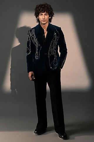 Teal Blue Italian Velvet Suit Set by Rohit Doshi