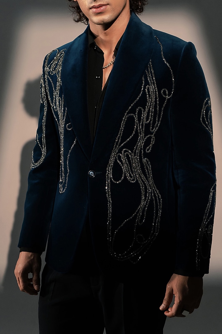 Teal Blue Italian Velvet Suit Set by Rohit Doshi at Pernia's Pop Up Shop