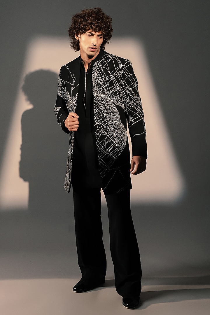 Black Italian Polyester Groom Indowestern Set by Rohit Doshi at Pernia's Pop Up Shop