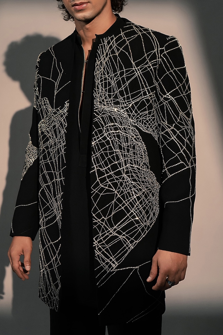Black Italian Polyester Groom Indowestern Set by Rohit Doshi at Pernia's Pop Up Shop