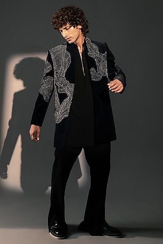 Midnight Blue Velvet Indowestern Set by Rohit Doshi