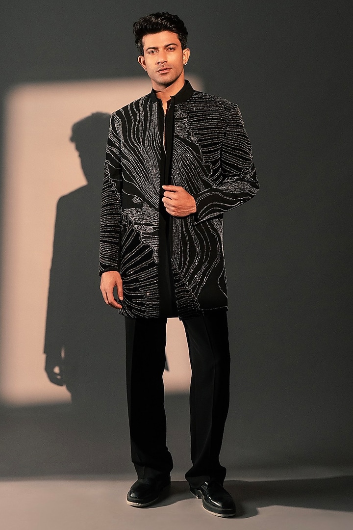 Black Imported Polyester Wedding Indowestern Set by Rohit Doshi at Pernia's Pop Up Shop