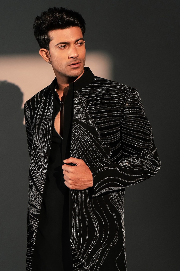 Black Imported Polyester Wedding Indowestern Set by Rohit Doshi at Pernia's Pop Up Shop