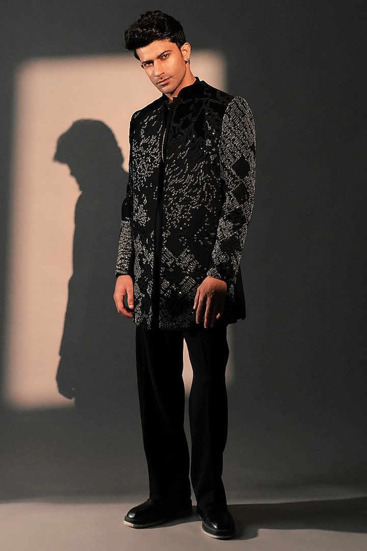 Black Imported Polyester Wedding Indowestern Set by Rohit Doshi at Pernia's Pop Up Shop