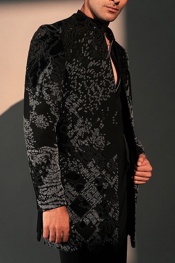 Black Imported Polyester Wedding Indowestern Set by Rohit Doshi at Pernia's Pop Up Shop