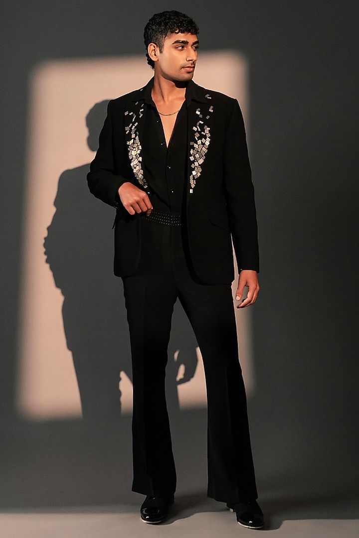 Black Imported Polyester Blazer Set by Rohit Doshi at Pernia's Pop Up Shop