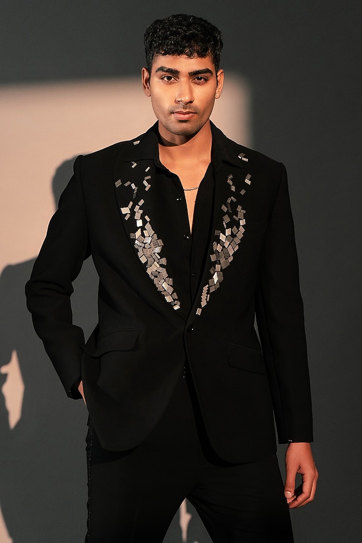 Black Imported Polyester Blazer Set by Rohit Doshi at Pernia's Pop Up Shop