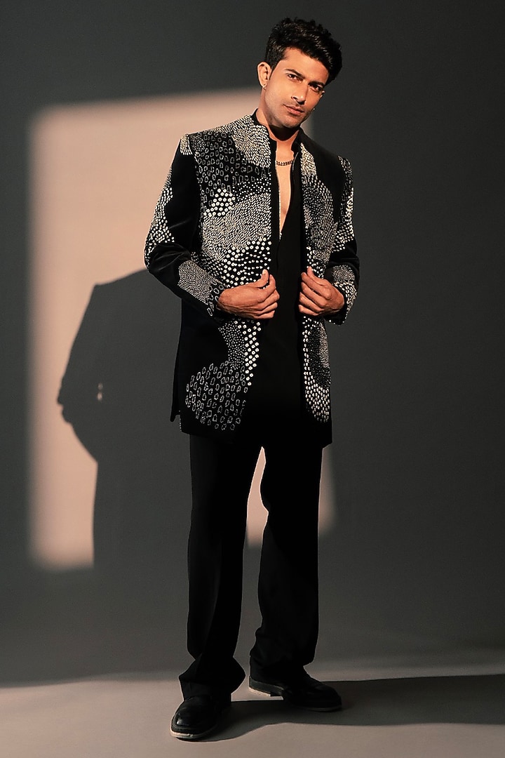 Black Velvet Groom Indowestern Set by Rohit Doshi at Pernia's Pop Up Shop