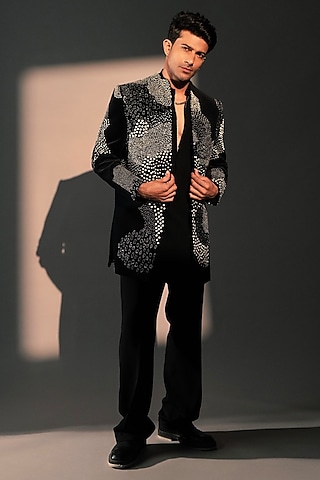 Black Velvet Indowestern Set by Rohit Doshi