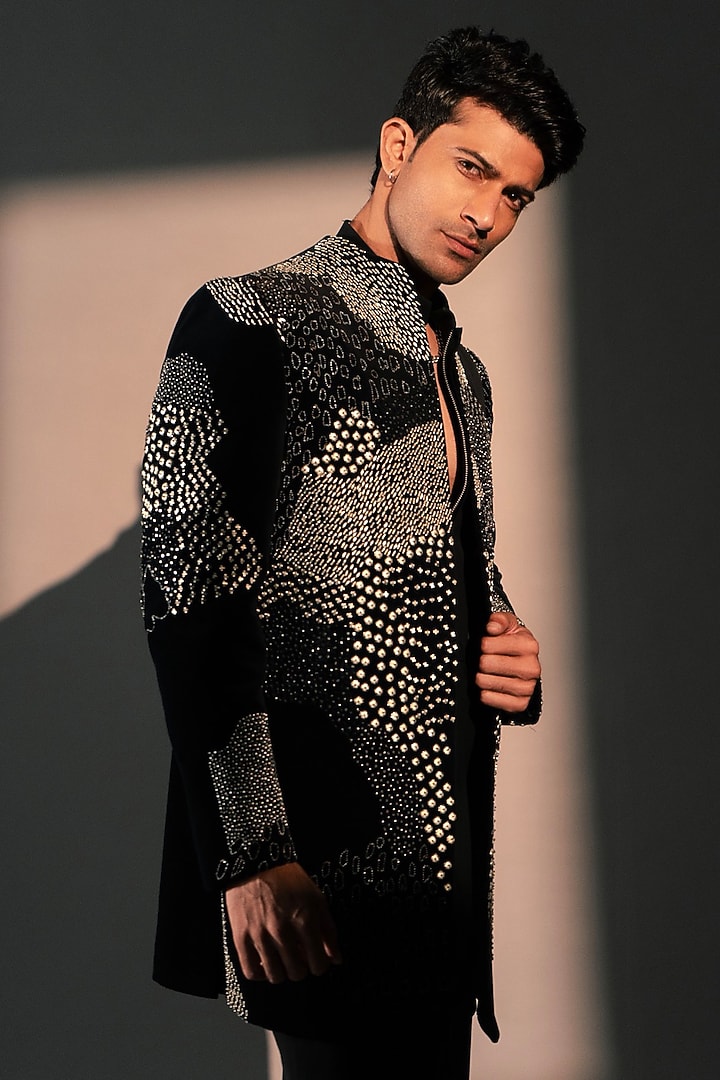 Black Velvet Groom Indowestern Set by Rohit Doshi at Pernia's Pop Up Shop