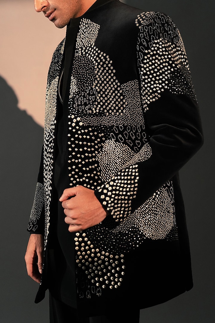 Black Velvet Groom Indowestern Set by Rohit Doshi at Pernia's Pop Up Shop